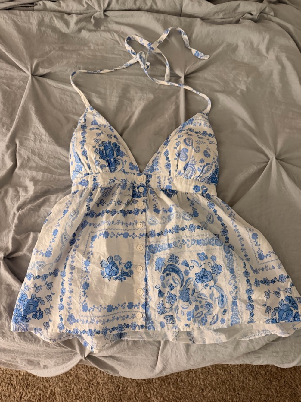 Hollister White Halter Top with Blue Floral Print